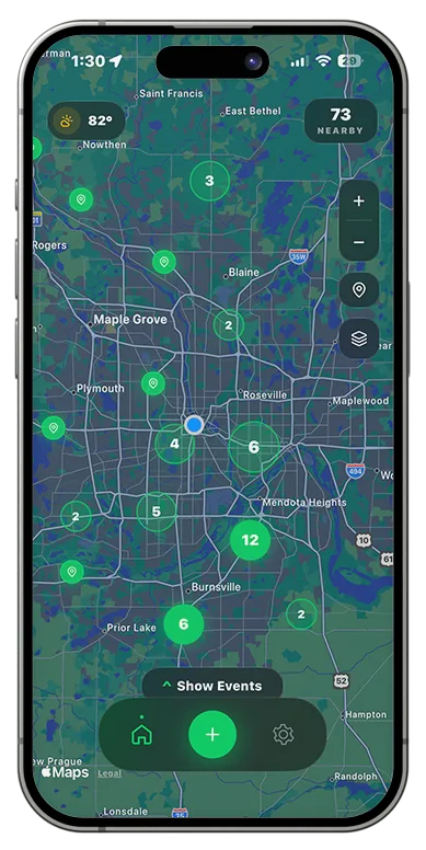 Modify Society app β home screen showing a live map of nearby car meets
